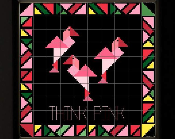 Featured listing image: Flamingo Think Pink Beginner's Cross Stitch Pattern