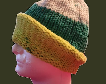 Bulky Weight Beanie in Green Teal and White