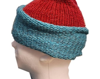 Red and Teal Summer Weight Wool Blend Beanie