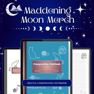 May include: Digital composition notebooks with cat-themed illustrations. The notebooks have a blue cover with cat silhouettes, yarn, and a basket of yarn. The text "Composition Notebook" and "Digital Composition Notebook" are visible.