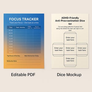 Puede incluir: Dos herramientas de productividad imprimibles: un rastreador de enfoque con espacios de tiempo y un espacio para notas, y una maqueta de dados para la anti-procrastinación. El rastreador de enfoque tiene un fondo degradado azul y naranja.