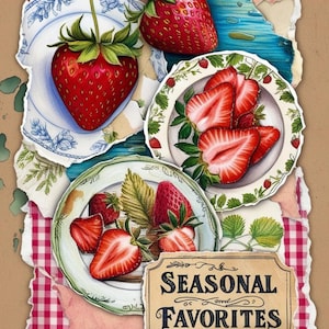 Strawberry Junk Journal Bundle – Vintage Ephemera, Red Floral Papers, Tags and Printables for Journaling and Scrapbooking
