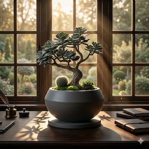 May include: A bonsai tree with green leaves and a textured trunk is in a grey, round pot. A small cactus and other greenery are also in the pot. The pot sits on a grey, round base. The scene is set in front of a window with a view of a garden.