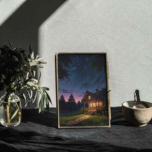 Gemütliche Hütte Wandbild – Gelassene Landschaft Poster – Nachthimmel Natur Print – Rustikales Wohndekor – Geschenk für Naturliebhaber