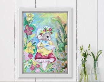 Fantazyjny wydruk artystyczny „Myszka na grzybie” – leśna dekoracja ścienna do pokoju dziecięcego z ilustracją giclée z motywem kwiatowym dla dzieci lub przestrzeni Cottagecore