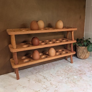 May include: A three-tiered wooden egg rack with several eggs of varying colours. The rack is made of light-coloured wood and has circular cutouts to hold the eggs. The eggs are brown and tan. The rack is on a countertop.