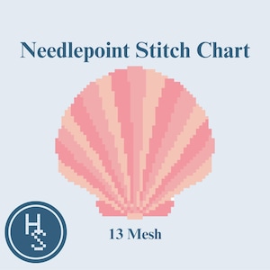May include: A needlepoint stitch chart featuring a pixelated seashell design in shades of pink and peach. The text "Needlepoint Stitch Chart" is at the top, and "13 Mesh" is at the bottom. A blue circular logo is in the lower left corner.