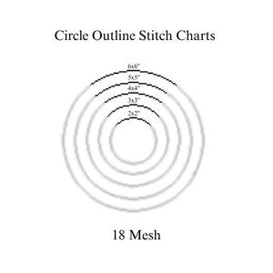 May include: A white image with the text "Circle Outline Stitch Charts" at the top. Below are concentric circles labeled with sizes: 6x6", 5x5", 4x4", 3x3", and 2x2". The text "18 Mesh" is at the bottom.