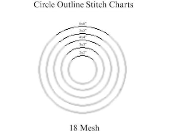 Gráficos de puntadas de contorno circular (18 mallas), guía de bordado circular, plantilla de diseño de monograma, guía de pintura sobre lienzo (varios tamaños)