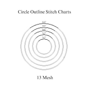 May include: A white image with the text "Circle Outline Stitch Charts" at the top. Below are concentric circles with sizes labeled: 6x6", 5x5", 4x4", 3x3", and 2x2". The text "13 Mesh" is at the bottom.
