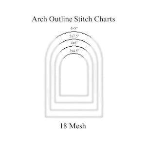 Op de afbeelding: Witte afbeelding met de tekst "Arch Outline Stitch Charts" en de afmetingen 6x9", 5x7.5", 4x6" en 3x4.5". De tekst "18 Mesh" staat onderaan. De afbeelding toont een reeks geneste boogvormen.