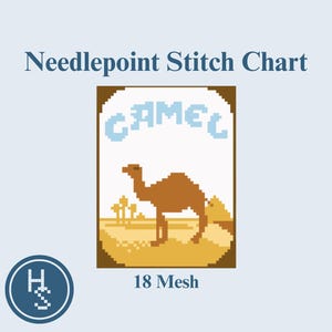 May include: Needlepoint stitch chart featuring a camel design. The word "CAMEL" is in light blue pixelated letters above a brown camel. The chart includes a desert landscape with palm trees and sand. The text "18 Mesh" is below the image.