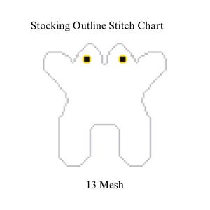 May include: A white stocking outline stitch chart with the text "Stocking Outline Stitch Chart" above the image. The chart has a snowman-like shape with yellow square eyes. The text "13 Mesh" is below the image.