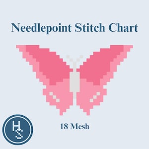 May include: A needlepoint stitch chart with a pixelated pink butterfly design. The text "Needlepoint Stitch Chart" is at the top, and "18 Mesh" is at the bottom. A blue and white logo is in the lower left corner.