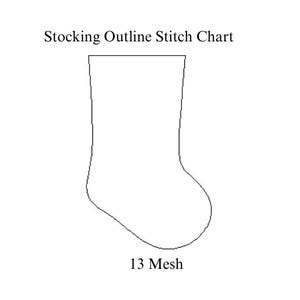 May include: A black outline of a Christmas stocking on a white background. The text "Stocking Outline Stitch Chart" is above the stocking outline. The text "13 Mesh" is below the stocking outline.