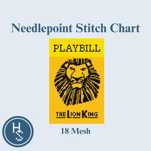 Puede incluir: Gráfico de punto de cruz con un diseño Playbill amarillo y una cabeza de león negra de The Lion King. El gráfico incluye el texto "18 Mesh" y un logotipo azul y blanco en la esquina inferior izquierda.