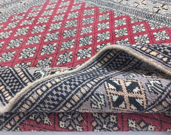 Alfombra afgana vintage - Alfombra turcomana anudada a mano de Bujará, alfombra vintage roja de 3x5, alfombra vintage de calidad superior, alfombra decorativa antigua.