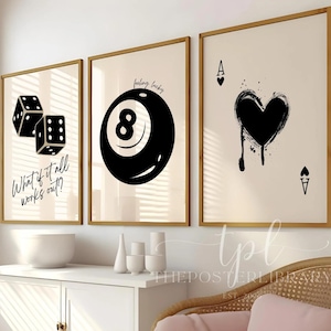 Retro set van 3-delige muurkunst direct downloaden 8 bal poster aaskaart afdrukken Feeling Lucky College appartement Y2K kamer decor trendy prints uit de jaren 70