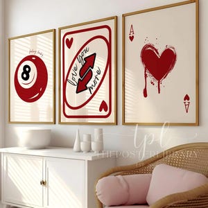 Retro set van 3-delige muurkunst direct downloaden 8 bal poster aaskaart print Love You More College appartement Y2K kamer decor trendy prints uit de jaren 70