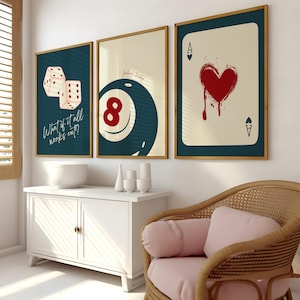Retro 3-teiliges Set Wand Kunst Sofortiger Download 8 Ball Poster Ace Karte Druck Fühlen Glücklich College Wohnung Y2K Raum Dekor Trendy 70er Jahre Drucke