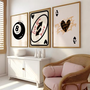 Retro set van 3-delige muurkunst direct downloaden 8 bal poster aaskaart print Love You More College appartement Y2K kamer decor trendy prints uit de jaren 70