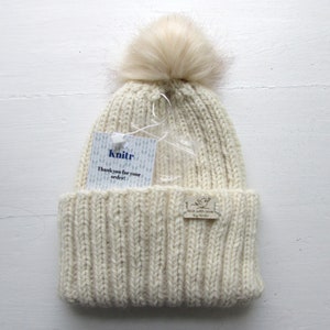 Aran weight hat, beige, alpaca and wool, M size
