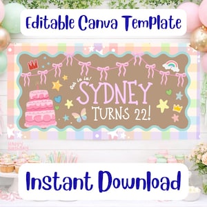 Fancy Girl Themed Birthday Banner Editable Canva Template, Girly Party Backdrop 72x36 72x24 48x12, Pink Bow Decor Printable, Fashionista