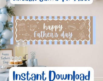 Happy Father’s Day Banner Editable Canva Template 72x24in, Light Blue BBQ Football Golf Dad Party Decor Printable DIY Banner Sign Download