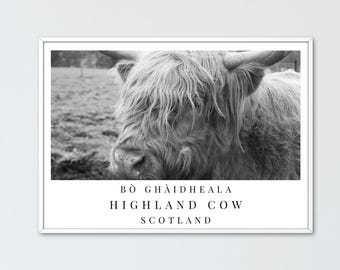 Highland Cow Print: Black and White Scottish Farmhouse Decor, Scottish Gaelic (Digital Download)