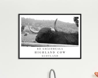Highland Cow Print: Black & White Scottish Farmhouse Decor, Scottish Gaelic (Digital Download)