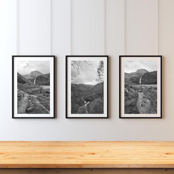 Three Digital Black and White Prints of Steall Waterfall, Scottish Highlands, Fort William Nature Print, Landscape Home Decor