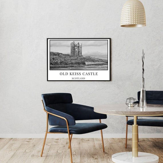 Digital Black and White Print, Old Keiss Castle, Caithness, Home Decor, Scottish Highlands Print, Sinclair Bay View