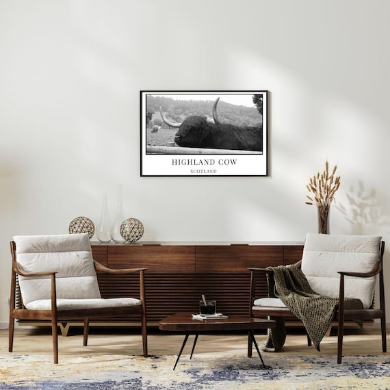 Three Digital Black and White Prints, Highland Cows, Scotland, Cultural, Nature, Landscape, Rustic, Countryside Wall Art, Home Decor