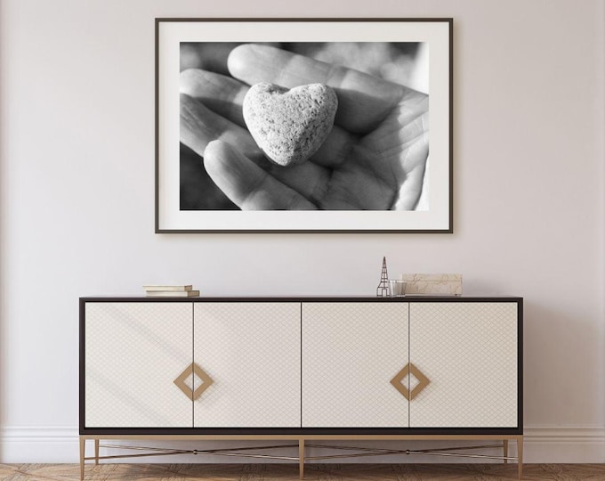 Heart Shaped Pebble, Black and White Monochrome Print, Coastal Print, Beach Photography, Digital Download