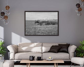 Dunnet Head Lighthouse Print, Black and White Scotland Coastal Art, Landscape Print, Digital Download
