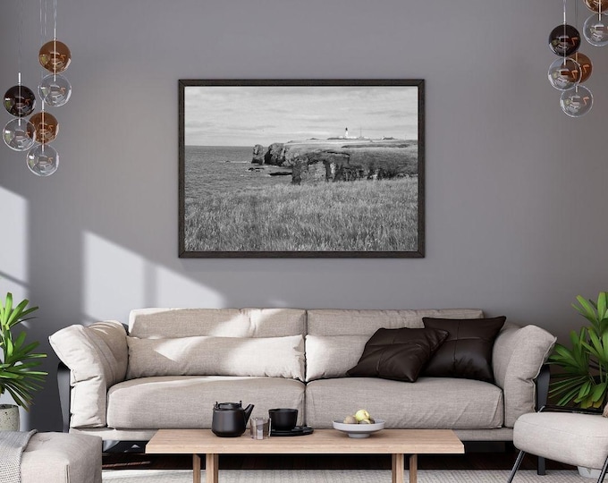 Dunnet Head Lighthouse Print, Black and White Scotland Coastal Art, Landscape Print, Digital Download