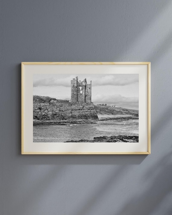 Digital Black and White Print, Old Keiss Castle, Caithness, Home Decor, Scottish Highlands Print, Sinclair Bay View