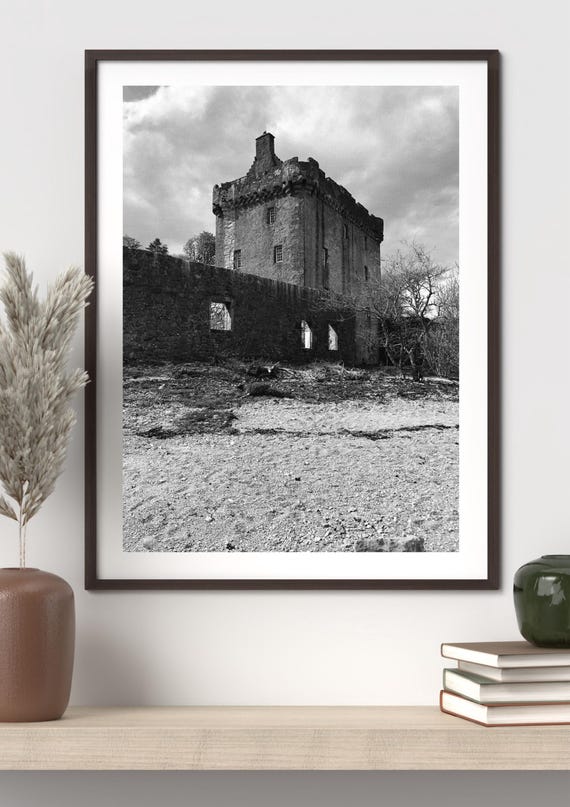 Digital Black and White Print, Scotland, Castle, Bridge, Historical, Heritage, Architecture, Kintyre, Coastal Art, Monochrome, Home Decor