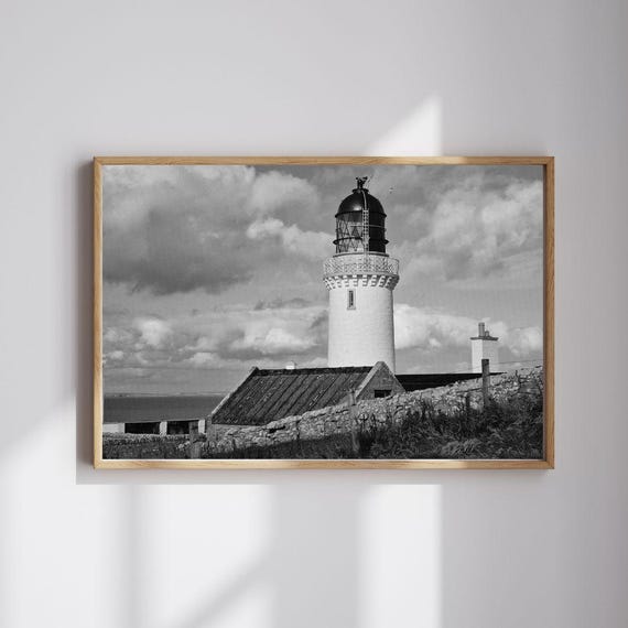 Three Digital Black and White Prints, Dunnet Head Lighthouse, Scotland, Home Decor, Rustic Print, Coastal Art