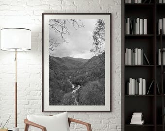 Steall Waterfall Print: Scottish Highlands Black and White Photography (Digital Download)