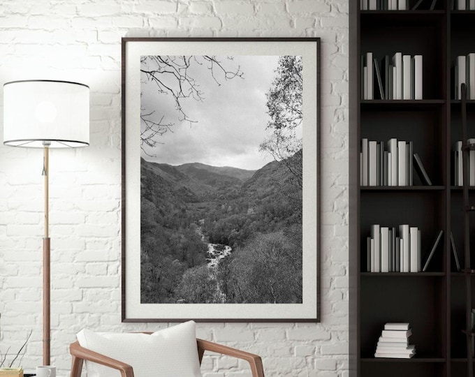 Steall Waterfall Print: Scottish Highlands Black and White Photography (Digital Download)