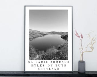 Kyles of Bute Print: Scottish Coastal Landscape, Black & White Photography, Scottish Gaelic (Digital Download)