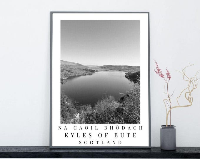 Kyles of Bute Print: Scottish Coastal Landscape, Black & White Photography, Scottish Gaelic (Digital Download)
