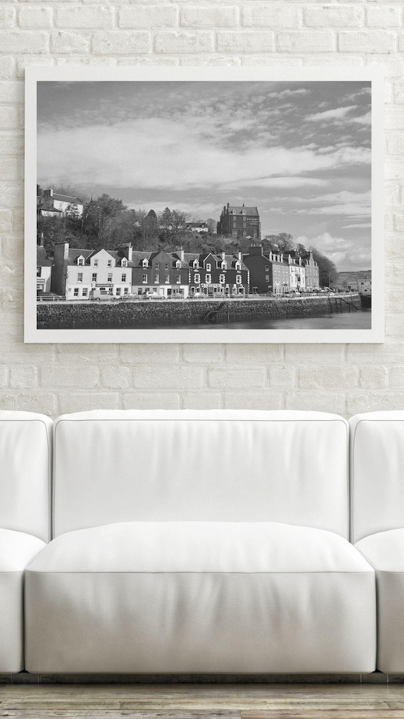 Digital Black and White Print, Tobermory, Isle of Mull, Coastal Artwork, Harbour, Scotland, Peaceful, Calming, Island, Home Decor