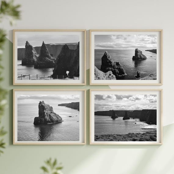 Four Digital Black and White Prints, Duncansby Sea Stacks near Wick, Scotland, Coastal Decor, Sea Landscape Picture