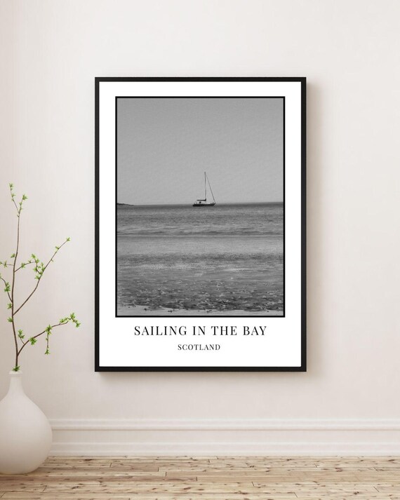 Digital Black and White Print, Seascape Print, Nautical Decor, Sailing Boat Print, Scottish Landscape Art