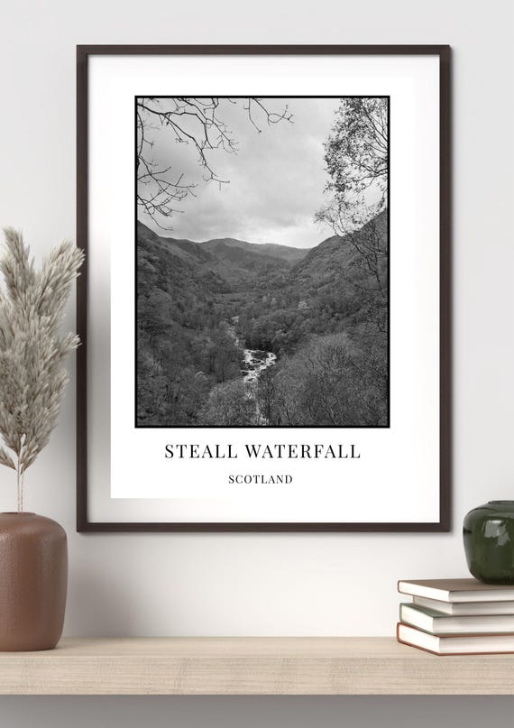 Three Digital Black and White Prints of Steall Waterfall, Scottish Highlands, Fort William Nature Print, Landscape Home Decor