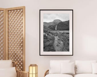 Steall Waterfall Print: Scottish Highlands Black and White Photography (Digital Download)