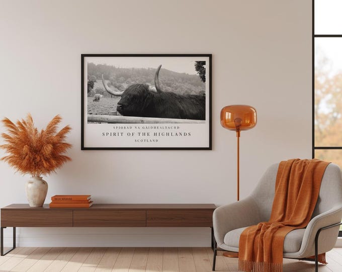Featured listing image: Wall Art | Home Decor | Prints | Highland Cow | Photography | Black and White Prints | Scottish Gifts