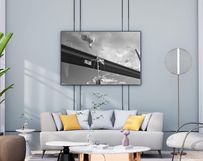Scottish Flag Print: Black and White Saltire, Queensferry Crossing, Digital Download, Scottish Gaelic